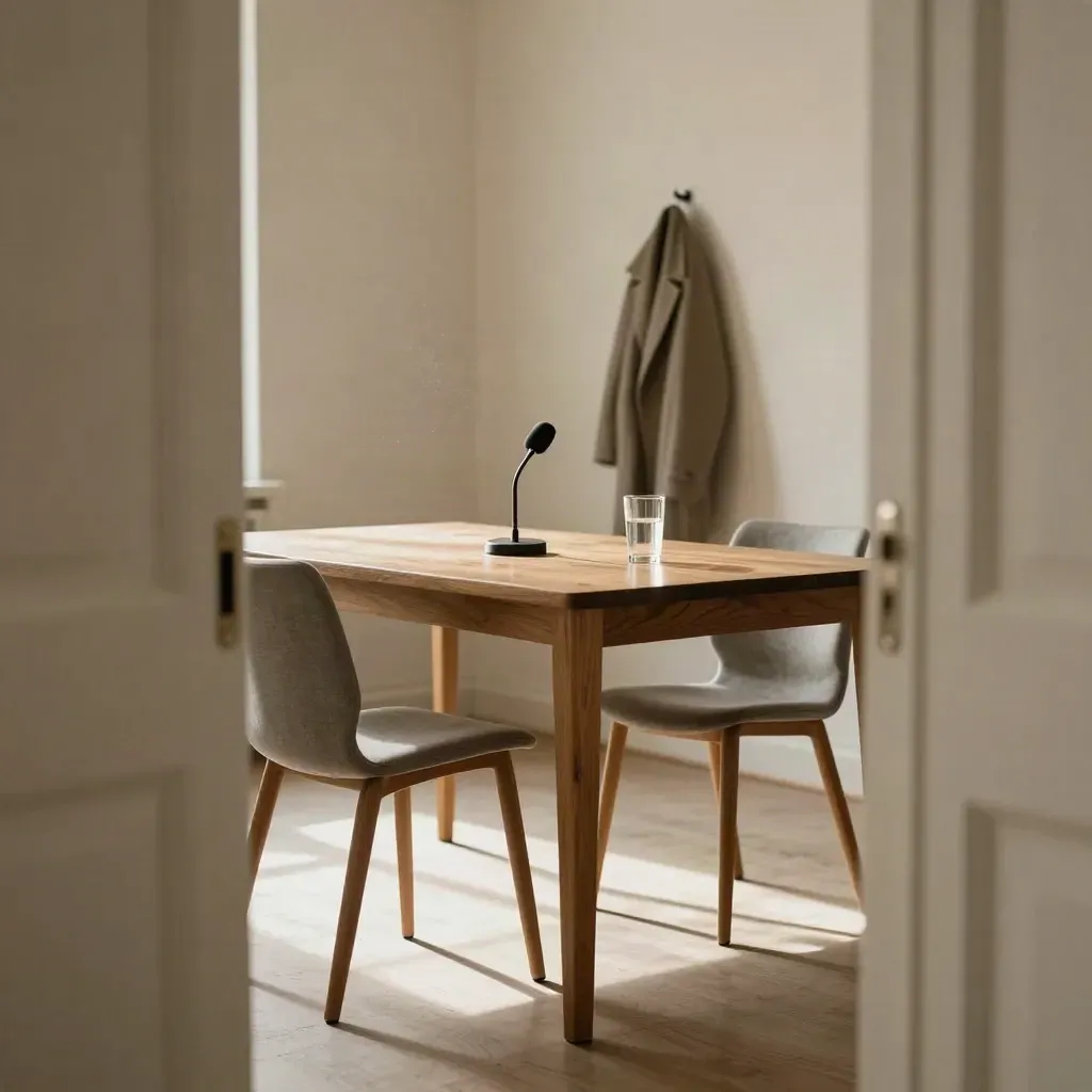 Sala de entrevistas vacía con dos sillas, micrófono, vaso de agua y abrigo desenfocado junto a la puerta.