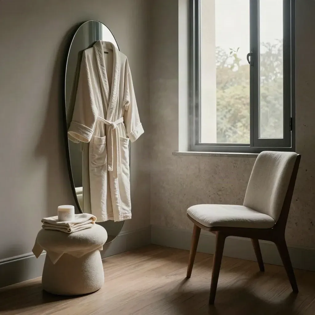 Esquina de dormitorio con espejo ovalado, bata colgada, crema corporal y ventana abierta al fondo.