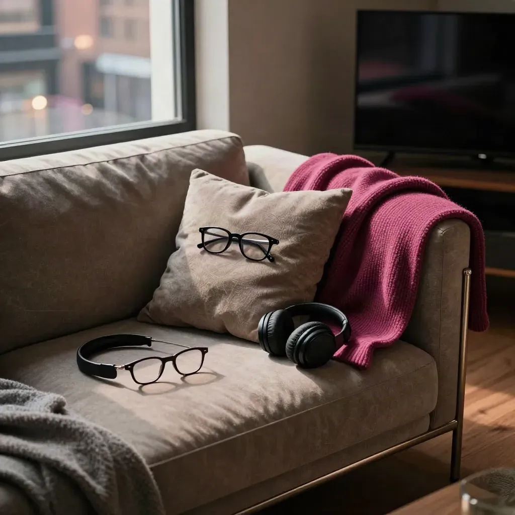 Salón nocturno con sofá, gafas, auriculares, manta y reflejo urbano en la ventana.