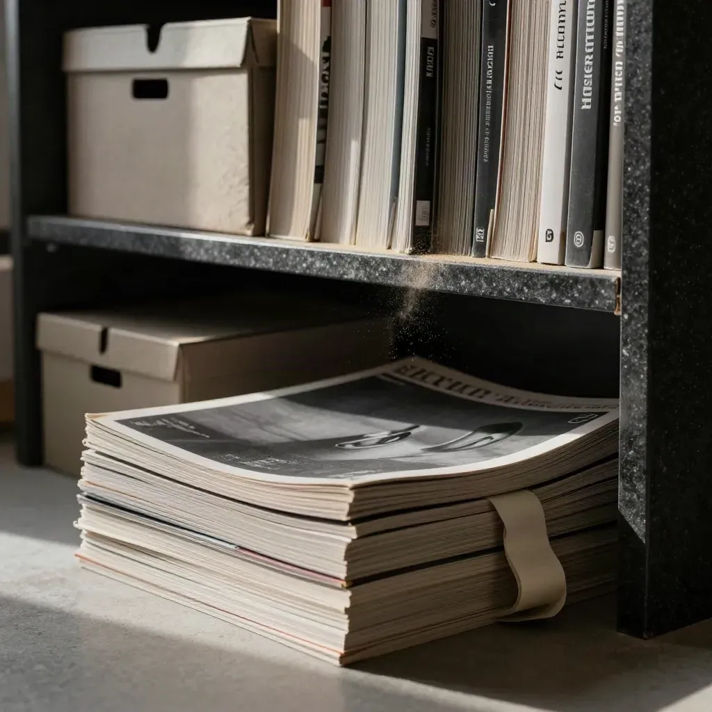 Estantería de archivo con revistas invertidas, cajas neutras, cinta de tela y polvo sobre piedra oscura.